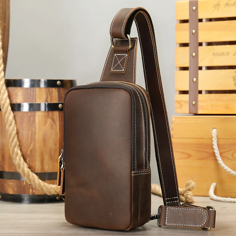 Bolso de pecho de cuero grueso para hombre, bandolera de cuero de vaca Real, bandolera pequeña de un solo hombro