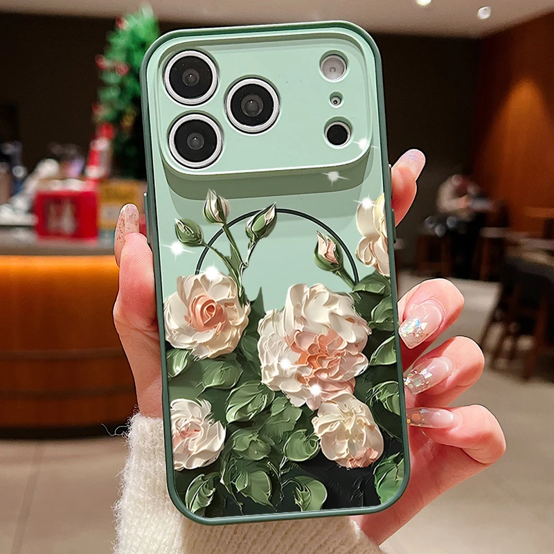 Realistisches Blumenmuster Magnetische Hülle für iPhone 17 16 15 14 13 Pro Max für Magsafe Kabelloses Laden Stoßfeste Harte Handyhülle
