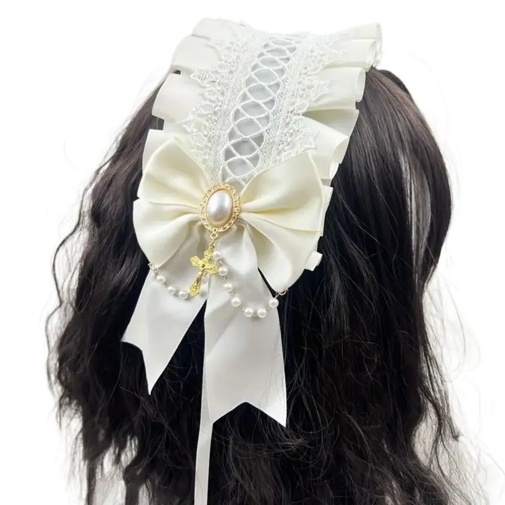 

Creative Sweet Lolita Lace Headband Ribbon Bow JK Ruffled Hairband Pearl Hair Accessories Maid Cosplay Headdress Party