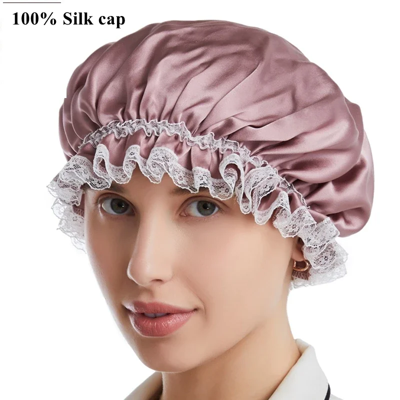 Lace Edge 100%  Mulberry Silk Night Sleep Cap Luxury Soft Pure Silk Night Sleep Hat Hair Bonnet Silk Wide Elastic Band Hair Cap