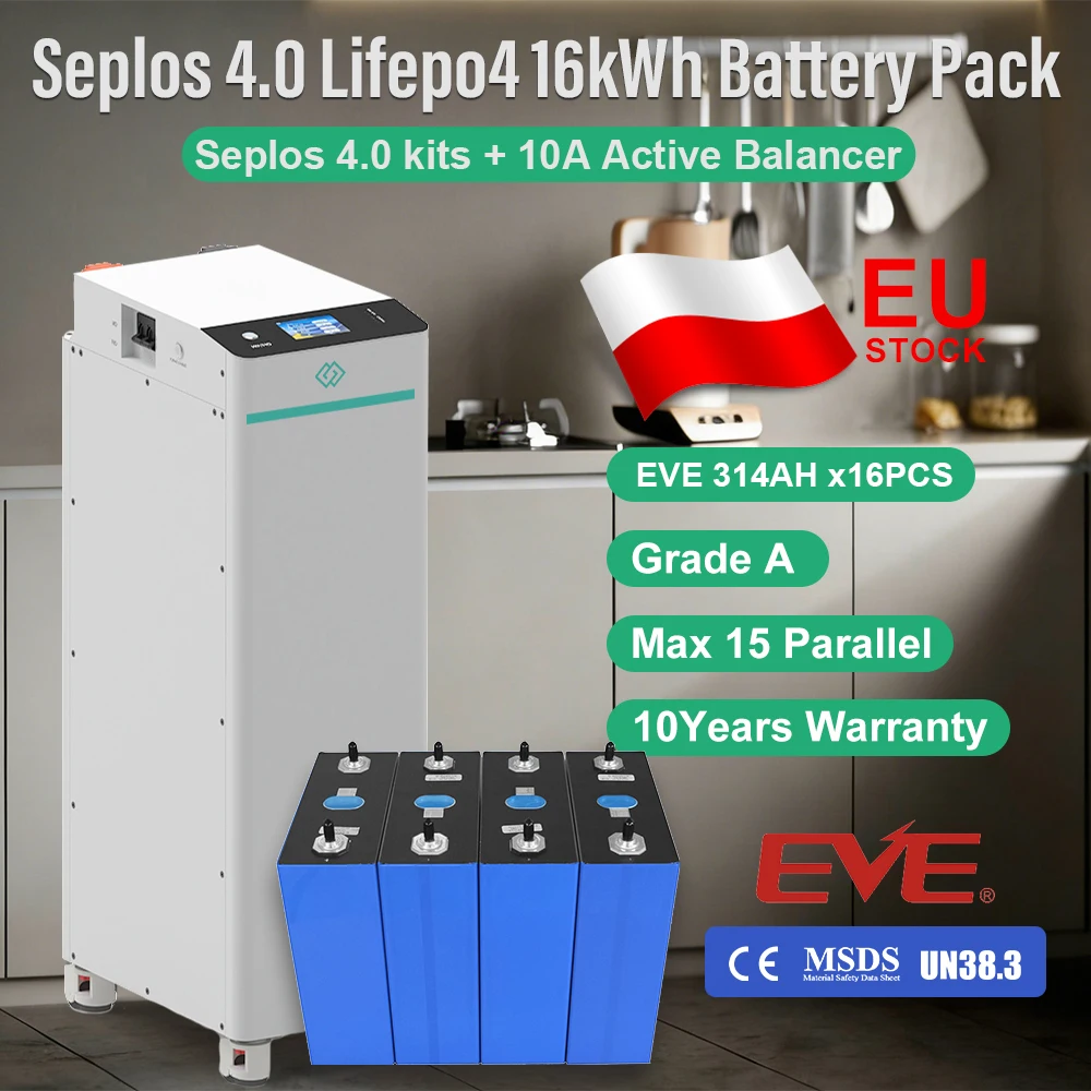 EU Stock V4 Seplos Kits 16kWh EVE314AH MB31 Lifepo4 Battery10A Active Balancer 8000 Cycles Home DIY Solar Free Ship EU