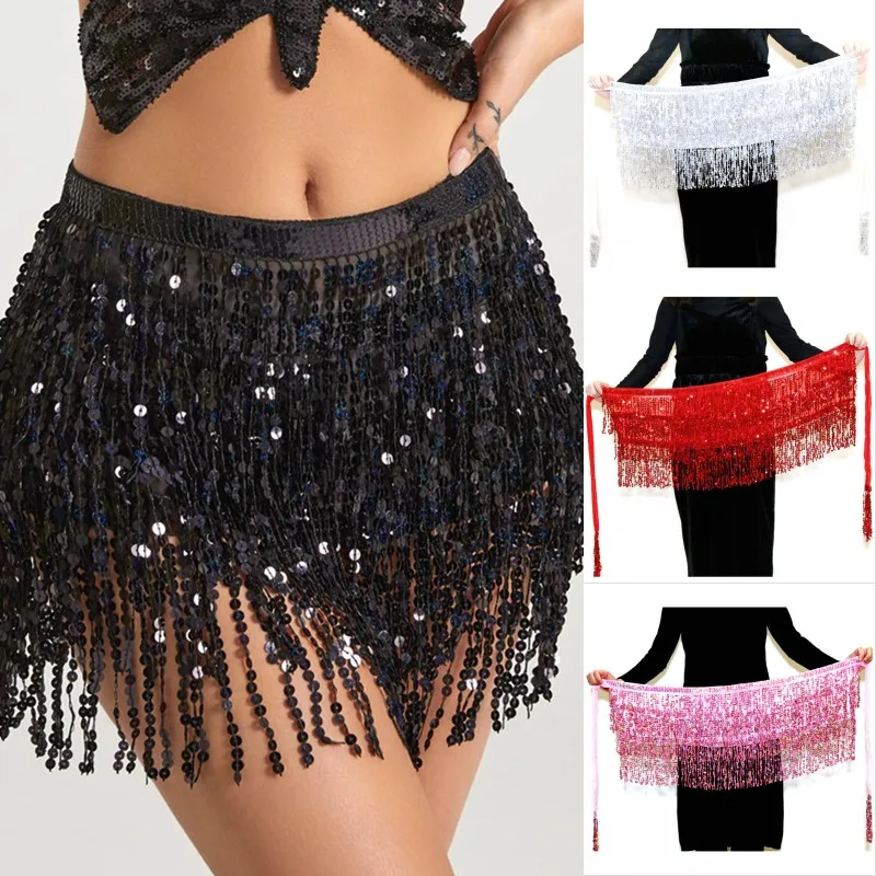 Taniec brzucha Warstwa Cekiny Spódnica Frędzle Łańcuch Pasy Wrap Party Club Indian Latin Hula Dancer Dress Performance Hip Waist Scarf