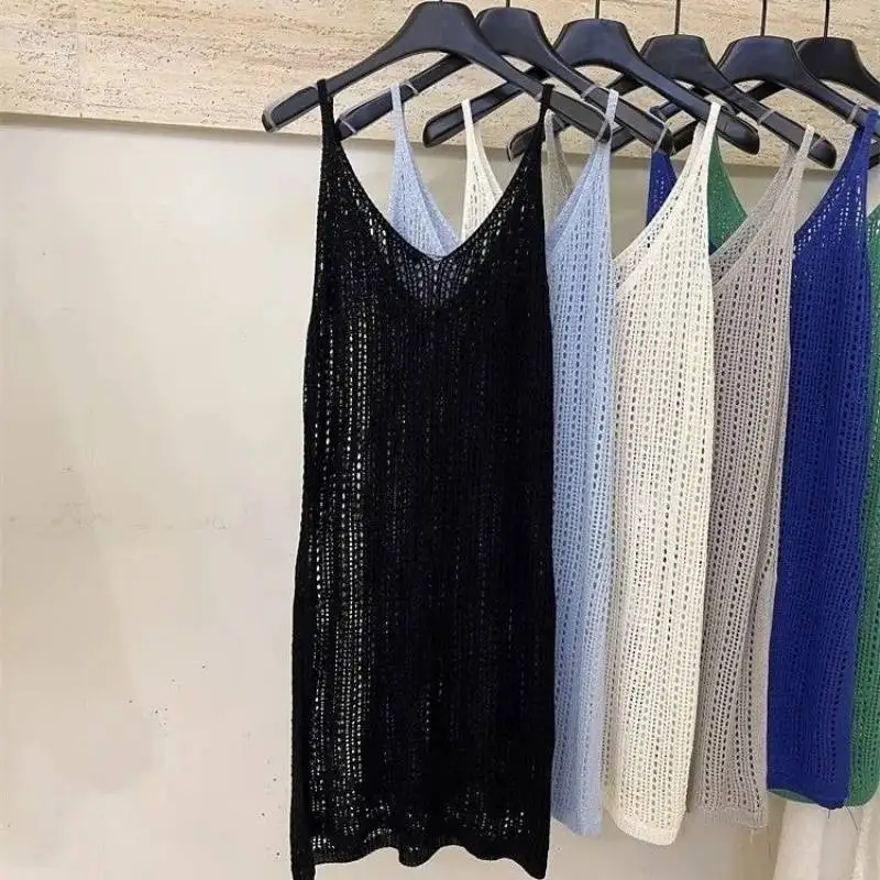 المرأة ثقب فضفاض فستان الصيف سترة تانك أكمام الدانتيل متماسكة محبوك الجنين الكروشيه بلوزة الشاطئ بوهو عادية نقطة فساتين متوسطة الطول