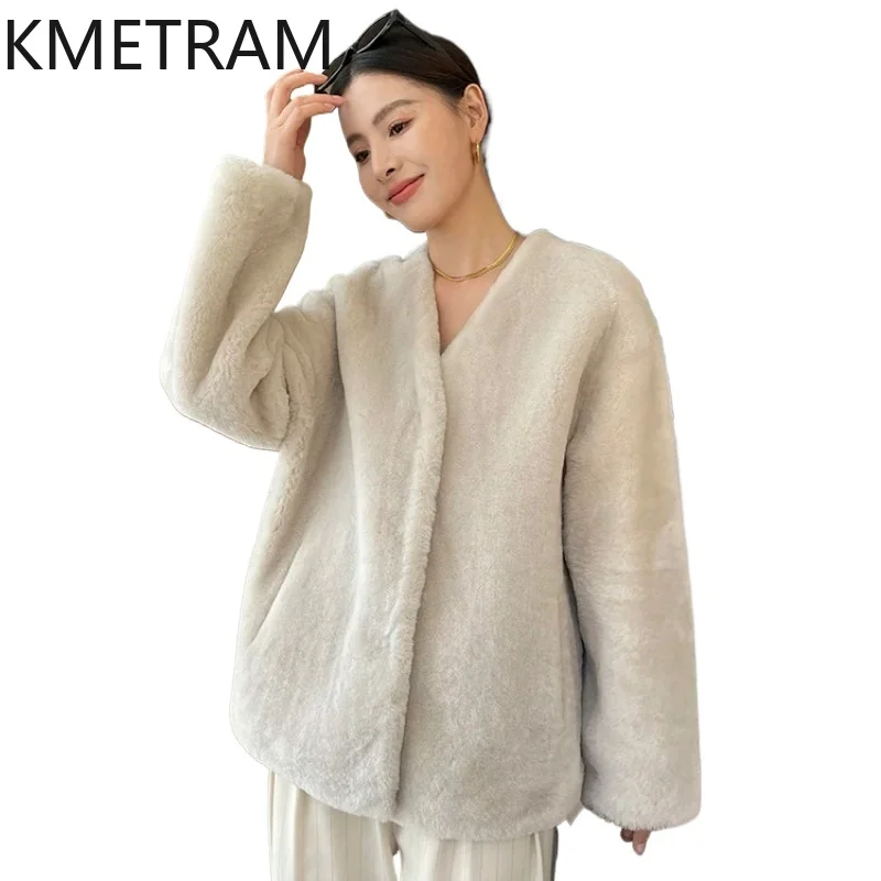 Kurtka damska z prawdziwego futra z wełny merino, dwustronna, krótki płaszcz z futra z dekoltem w serek, odzież zimowa damska 2025 Fourrure