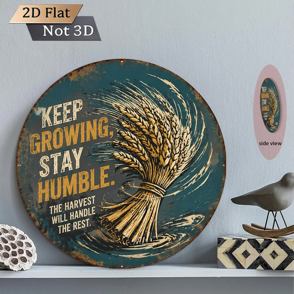 2D Flat, [2D Flat] 1pc 2D Flat 8x8 Inch Vintage Round Aluminum Plaque, Grower's Humble Retro Style Tin Wall Sign, Dynamic Wheat
