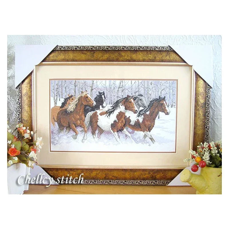 Amishop Gold Collection Lovely Counted Cross Stitch Kit Snow Horse Galloping Horses Running In Winter Snow Dim 00310