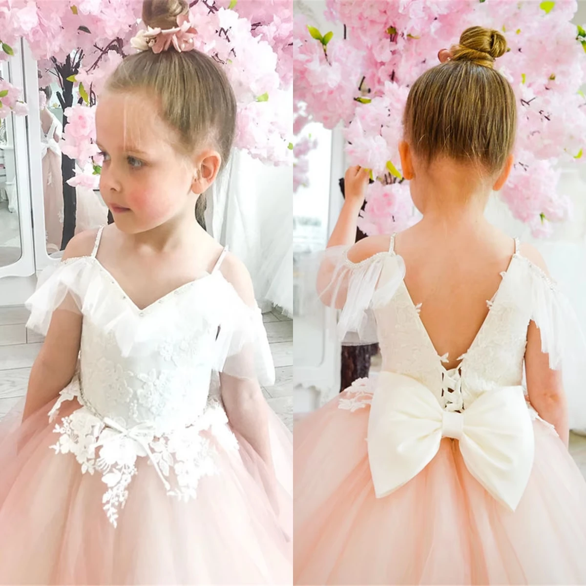 

Elegant Princess Flower Girl Dress Tulle FLuffy White Lace Applique Length Bow Belt Gown Kids Birthday Party Ball Evening Gowns