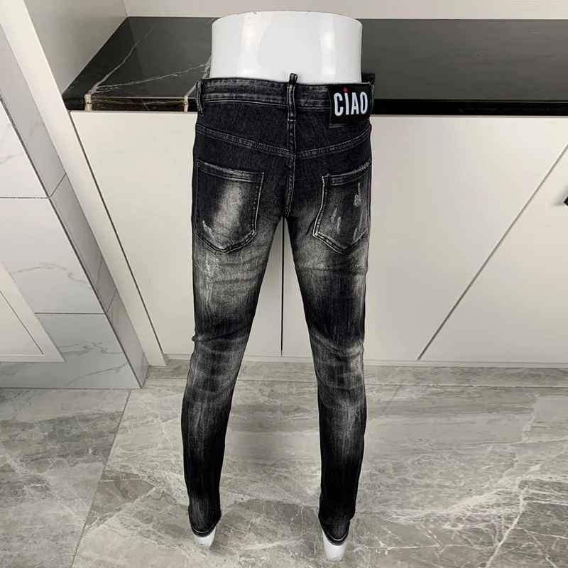 Streetwear Fashion Men Jeans Retro Black Gray Stretch Slim Fit Ripped Jeans Men Vintage Designer High Quality Brand Denim Pants