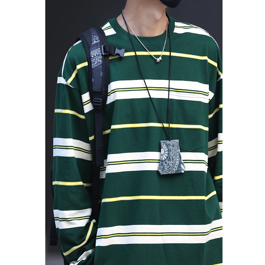 

LH Store AW Japanese Sle Loose Long Sve Striped T-irt Men's Heavyweight y Silhouette round Ne Casual Top