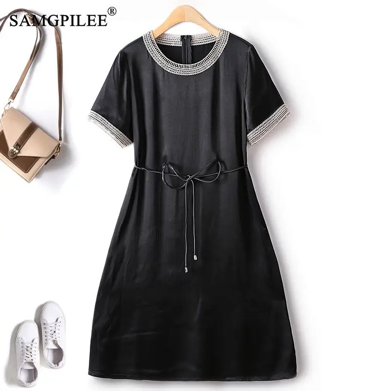 

European Dresses For Women 2023 Summer O Neck Neckline Embroidery Belt Draping Acetate Satin Hepburn Elegant Female Dress 4XL