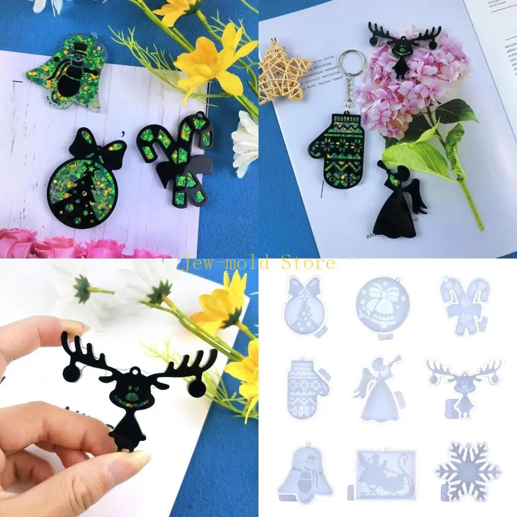 

C71B 9 Pcs/set Glossy Mold Christmas Series Keychain Silicone Mold DIY Keychain Pendant Jewelry Epoxy Resin Crafting Mold