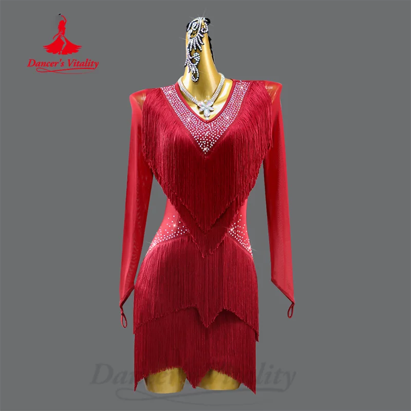 

Latin Dance Dress for Women Customized Senior AB Stones Long Sleeved Fringe Dresses Tango Samba Professional Performance Costume