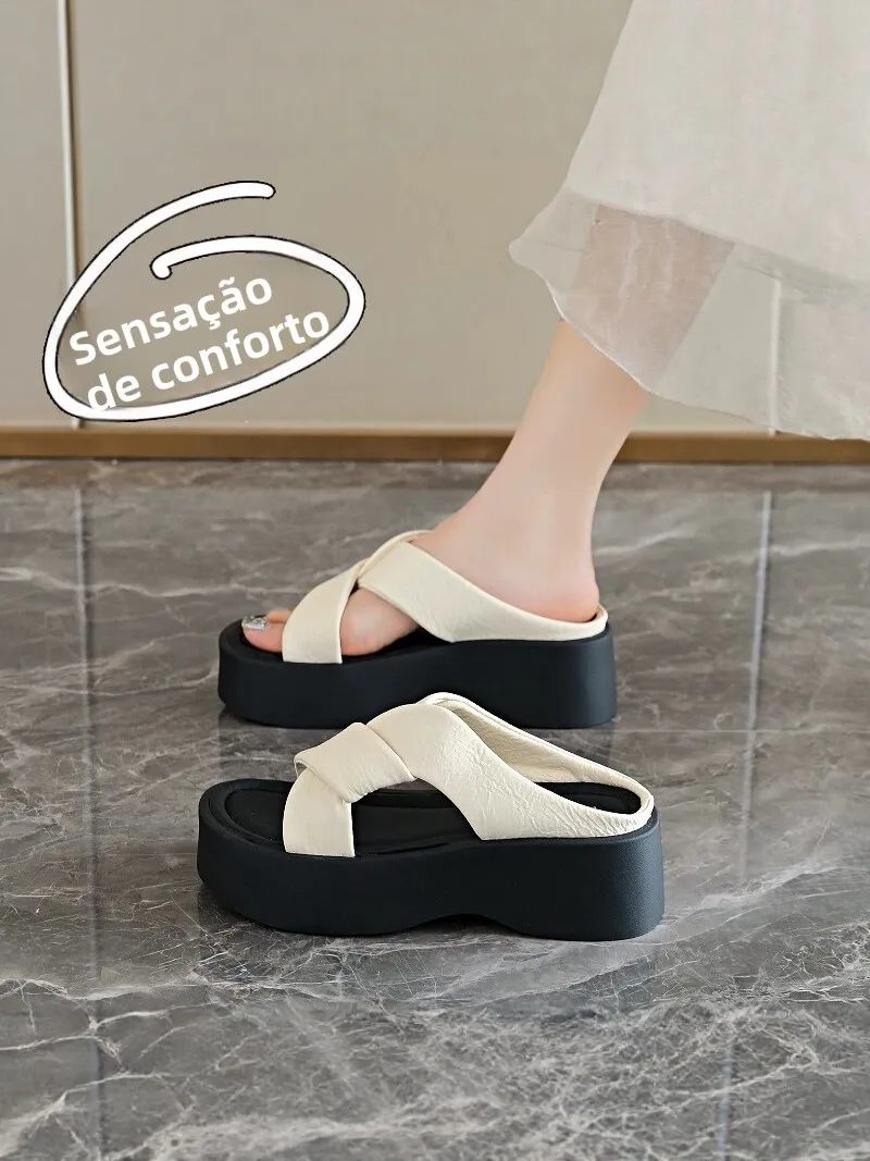 見事な厚底ヒールサンダル-レディース-夏用-アウトドアウェア-新作-ファッション-滑り止め-ビーチ-ワンストラップスリッパ-サイズ34-クロスバックル