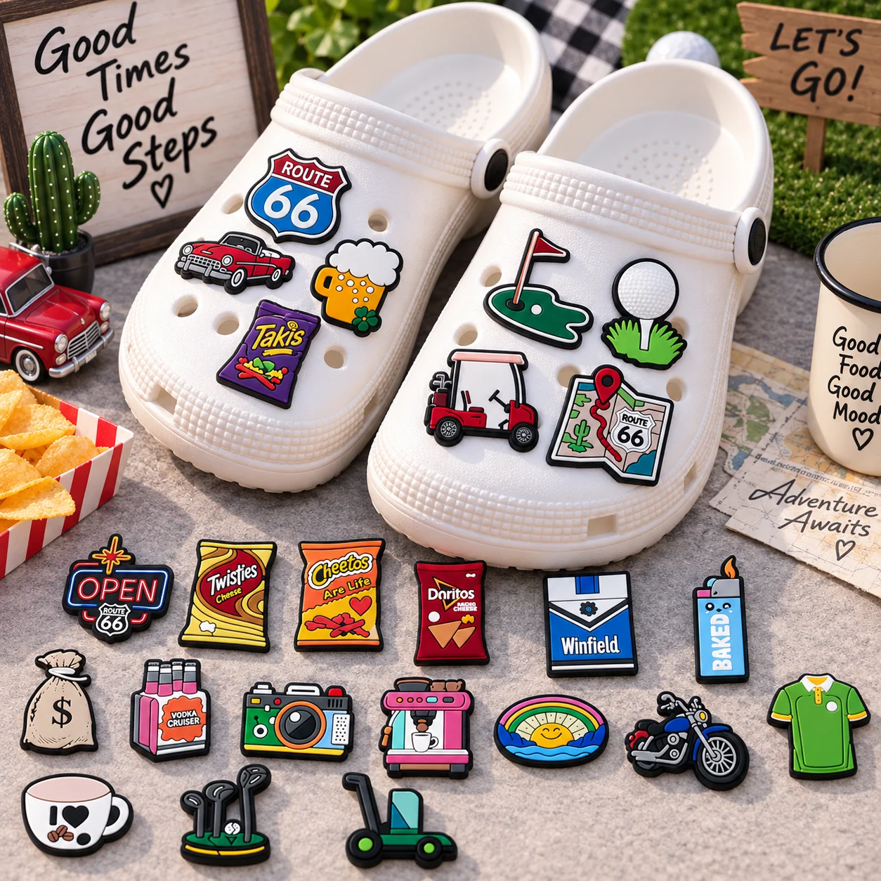 1/25PCS Retro Route 66 Golf Shoe Charms Set Vintage Car Camera PVC Pins for Clogs Road Trip Accessories Gift for Men Women Teen
