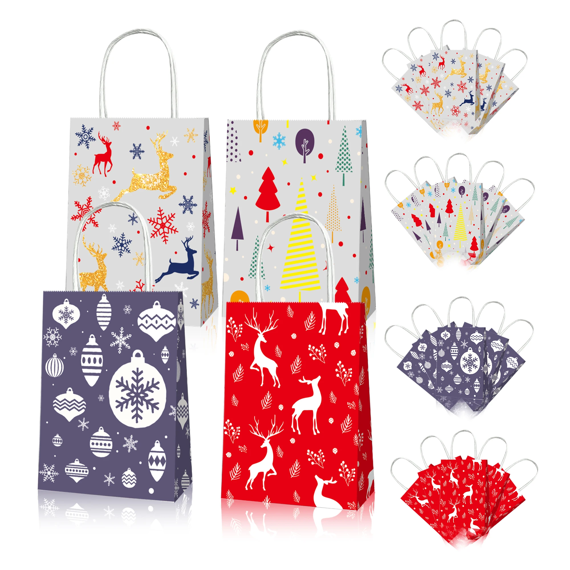 

BD056 12Pcs Happy Xmas Snowflakes Deer Merry Christmas Party Portable Packing Paper Tote Kraft Gift Bags New Year Party Supplies