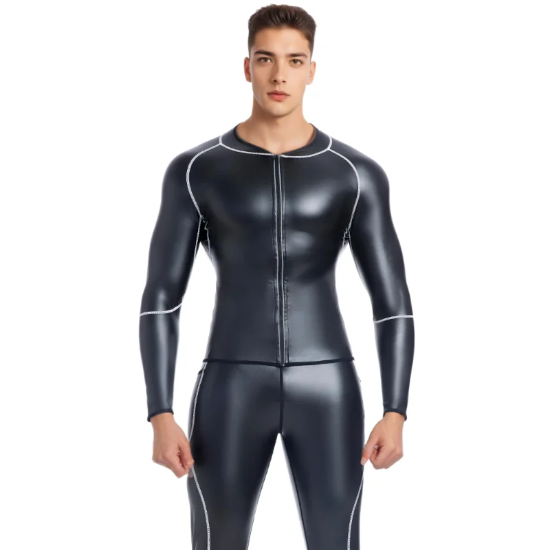Cool guy Waist Trainer Corsets Zipper Shirts Men's Stand Collar Body Shaper Leather Jacket White line Faux Leather Long Sleeve