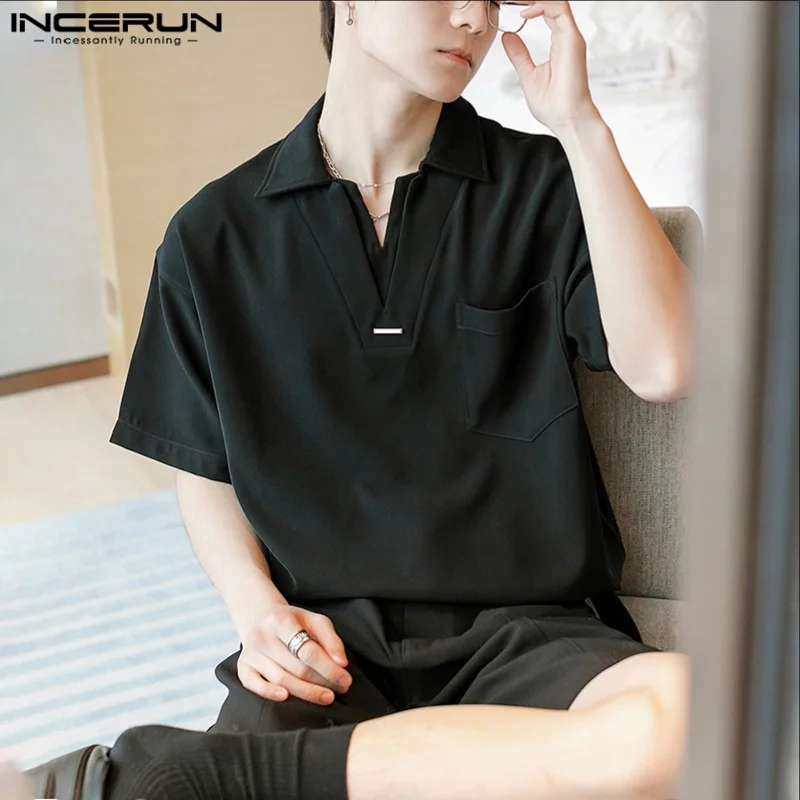 

INCERUN Мужская рубашка сплошной цвет с лацканами и коротким рукавом повседневная мужская одежда рубашки в корейском стиле уличная мода для отдыха мужские топы