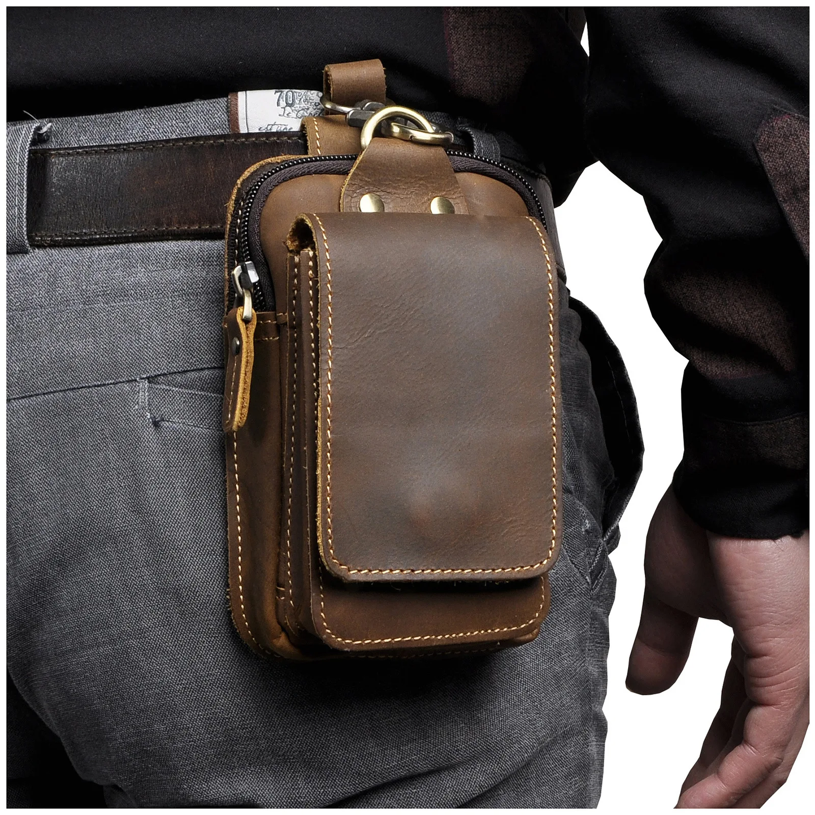 Bolsa de Cintura Masculina de Couro para Celular e Câmera, com Gancho, em Couro Crazy Horse, 6 Polegadas, Modelo 609
