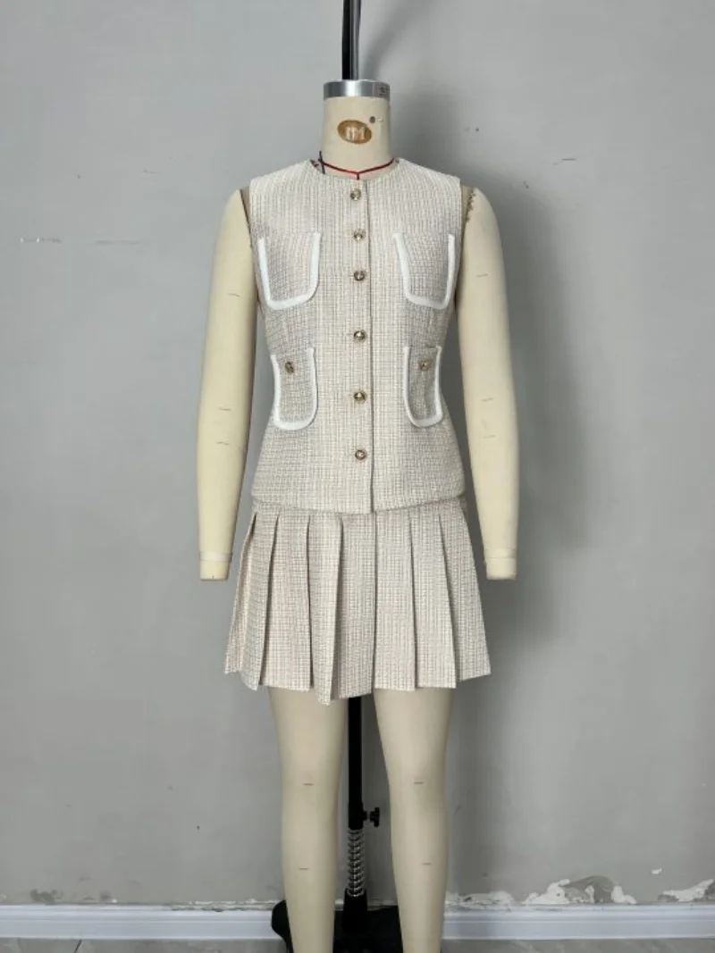 Elegante Grid Print 2-teilige Sets Frauen Outfit Sommer Kleidung Frauen Ärmelloses Top Mini Rock Sets OL Stil Zwei Stücke Kleid Sets