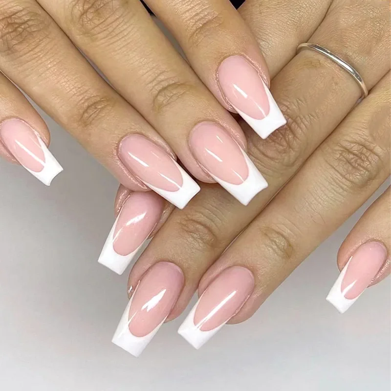 Acrílico Arte De Unhas Falsas, Long Ballet Unhas Postiças, Pressione nas Unhas, Capa Completa, Removível, Borda Branca, Francês, 24 Pcs, Conjunto