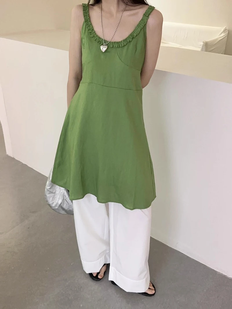 ReddaChic Casual Plain Linen Women Mini Dress Solid Spaghetti Strap Crew Neck Sleeveless A-line Sundress Holiday Summer Clothes