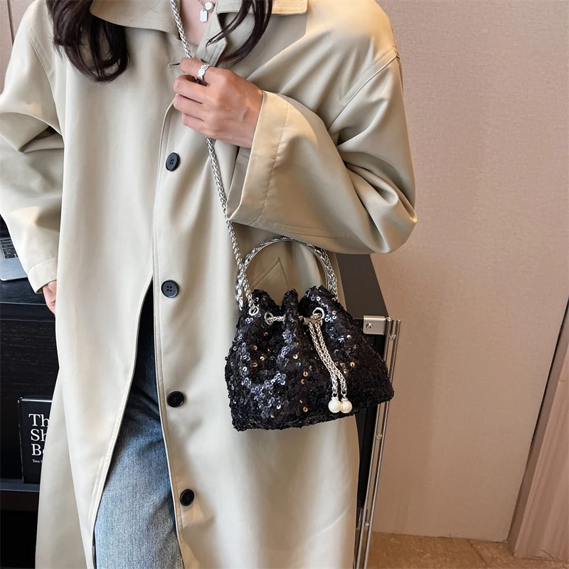 Fashion Bag For Women 2023 Luxury Silver Sequin Evening Clutch Bag Versatile Chain Crossbody Shoulder Bag Round Ring Handle Bag