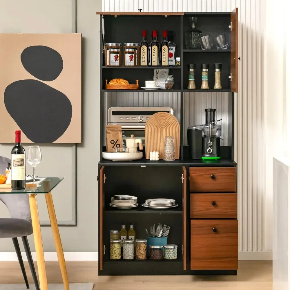 Kitchen self-service storage cabinet, 71 inch independent pantry with 3 cabinets and drawers, adjustable shelves