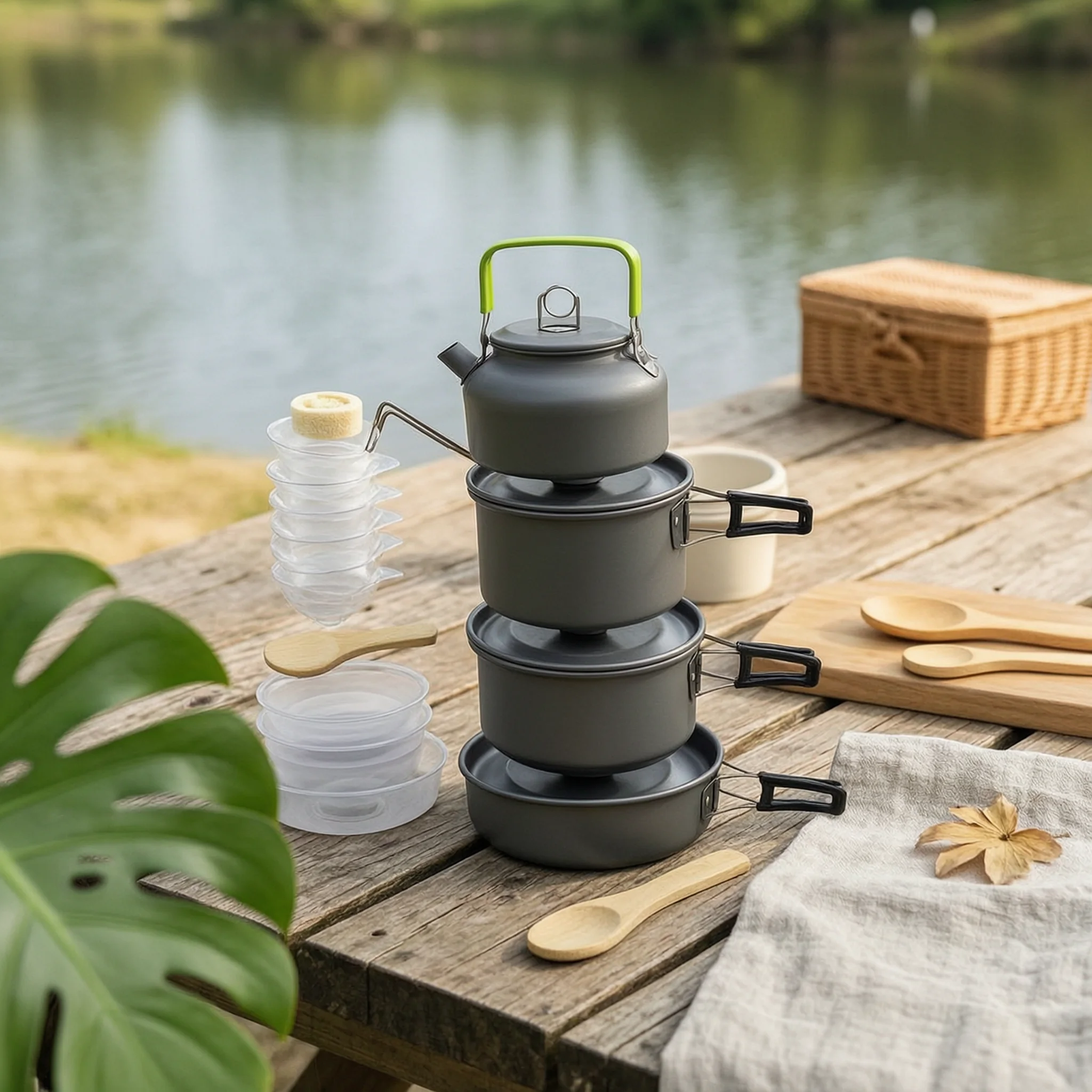 Nesting Camping Cooking Set - Kampkookset met waterkoker Draagbare campingkookset Campingkookset