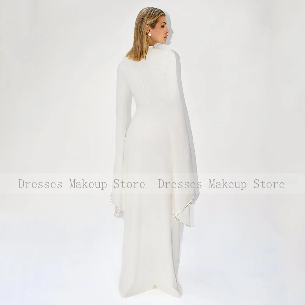 فستان سهرة متواضع لؤلؤي رقبة دائرية وأكمام طويلة على شكل حرف A فساتين سهرة عصرية للنساء بطول الأرض فساتين زفاف عاجية للضيوف #2