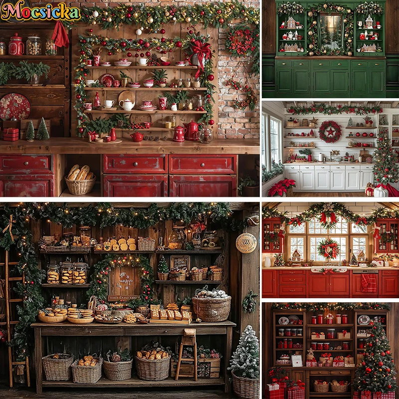 Mocsicka  Photography Background Winter Christmas Kitchen Cookie Gift Xmas Tree Kids Family Portrait Decor Backdrop Photo Studio