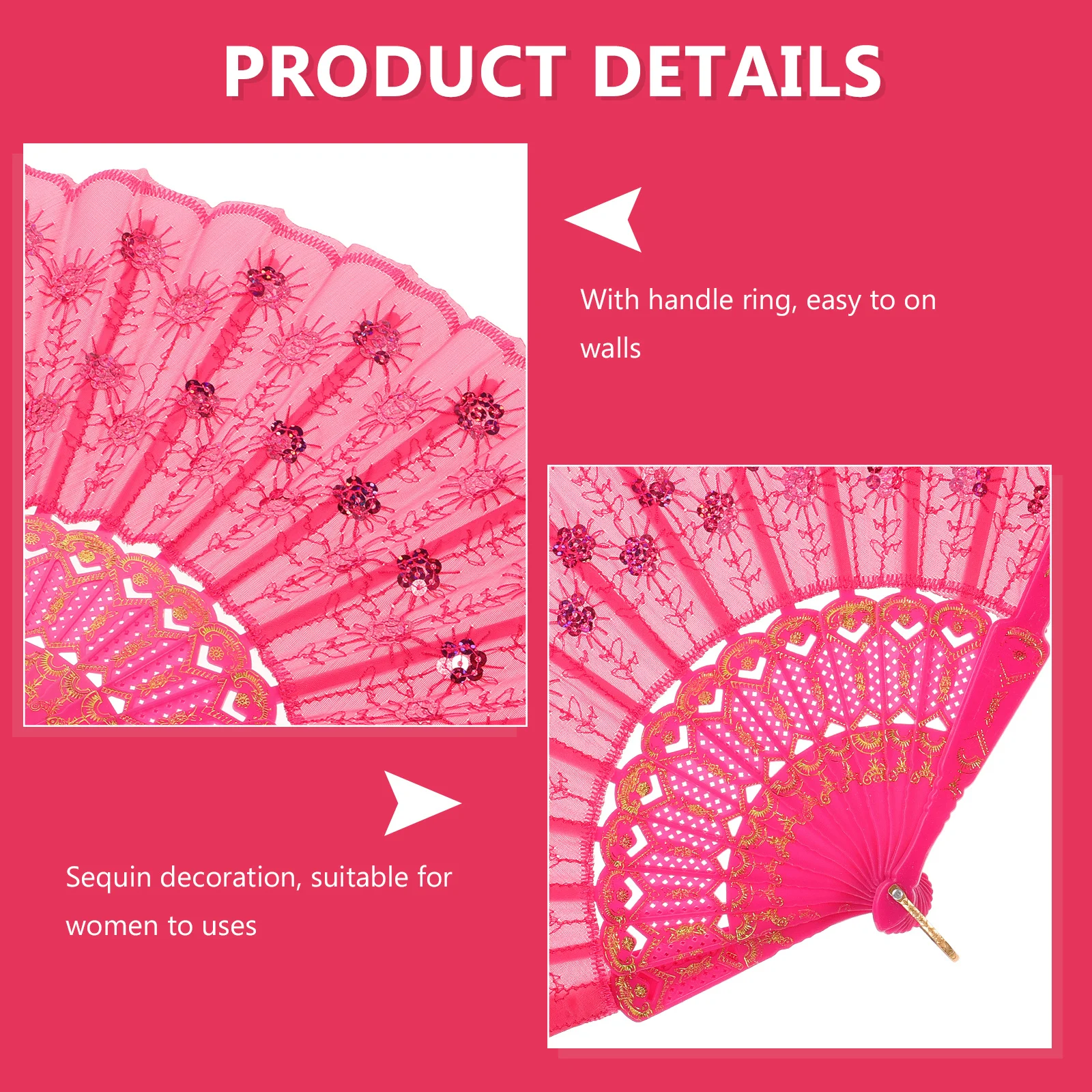 

Women Pink Folding Plastic Lace Hand Fan with Sequin Decoration for Wedding Gifts Collection Women Folding Fan