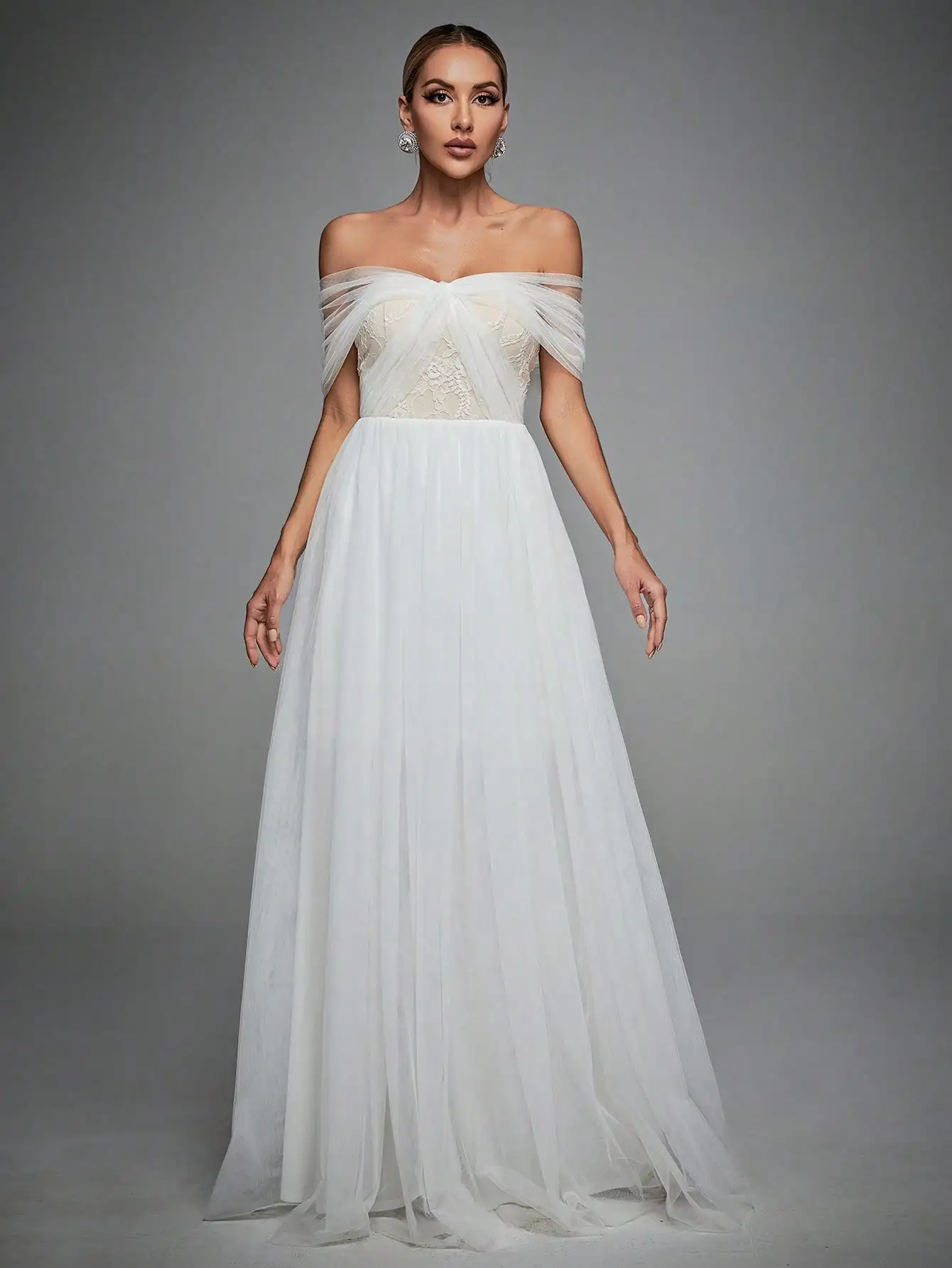 Mgiacy Line Neck Cross Fold Spitze Big Swing Hochzeits kleid Abendkleid Ballkleid Party kleid Brautjungfer kleid