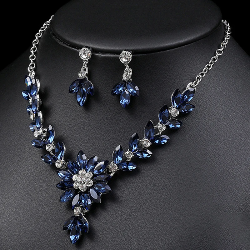 Rhinestone Bride Jewelry Sets for Women Luxury Flower Choker Necklace Earrings Wedding Dress Bridal Necklace Sets Fashion