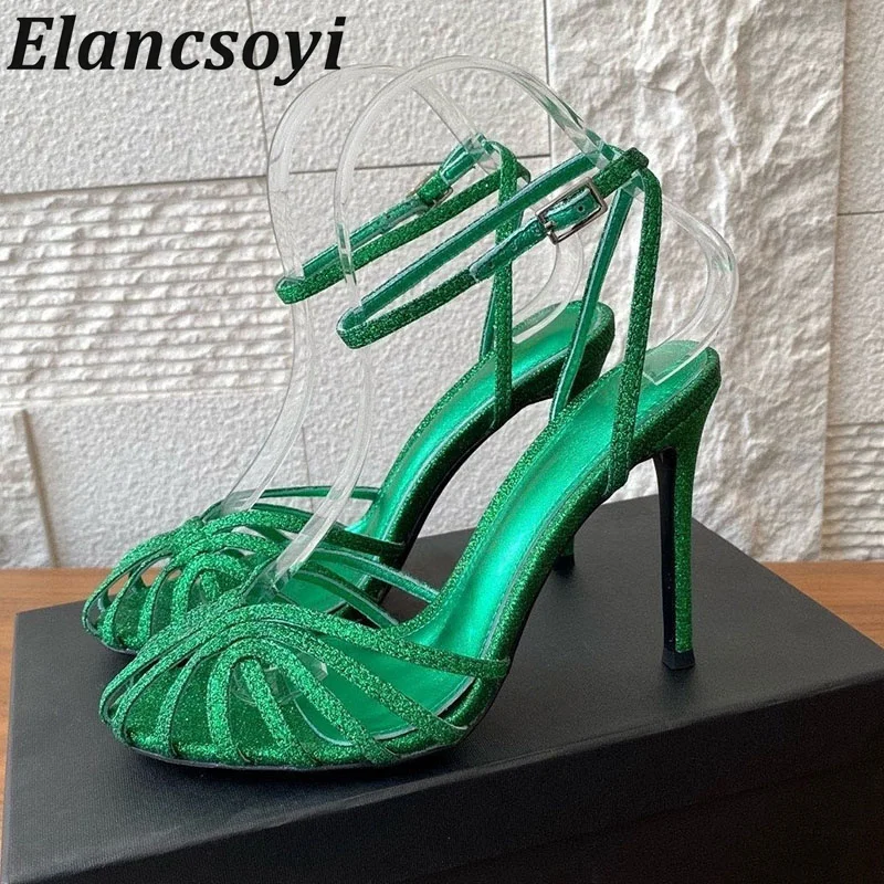 Sandals Hallow Outs Women Satin Bling Rhinestone Thin High Heels Ankle Strp Sandalias Mujer Summer Sexy Party Banquet Shoes