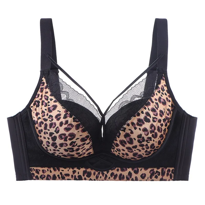 Sexy Gathering Breasts Leopard Print Bra Women\'s Underwear Without Steel Rings Anti Sagging Under Clothes Female Mesh Intimates