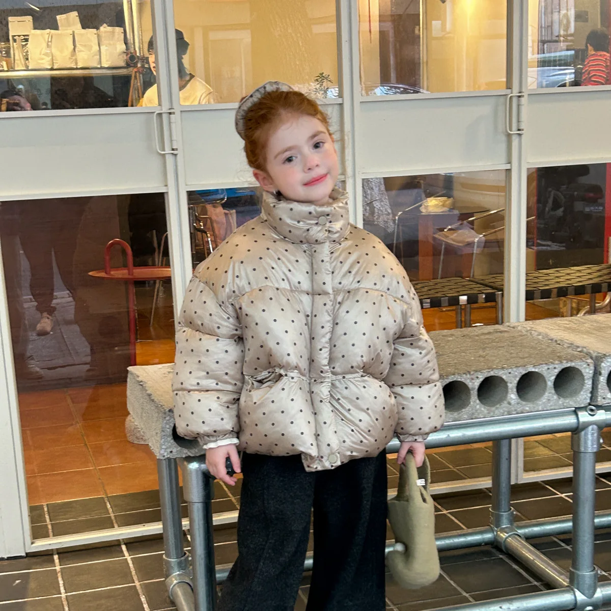 

2025 Winter New Girls Glossy Polka Dot Turtleneck Thickened Short Cotton Dress Fashion Coat