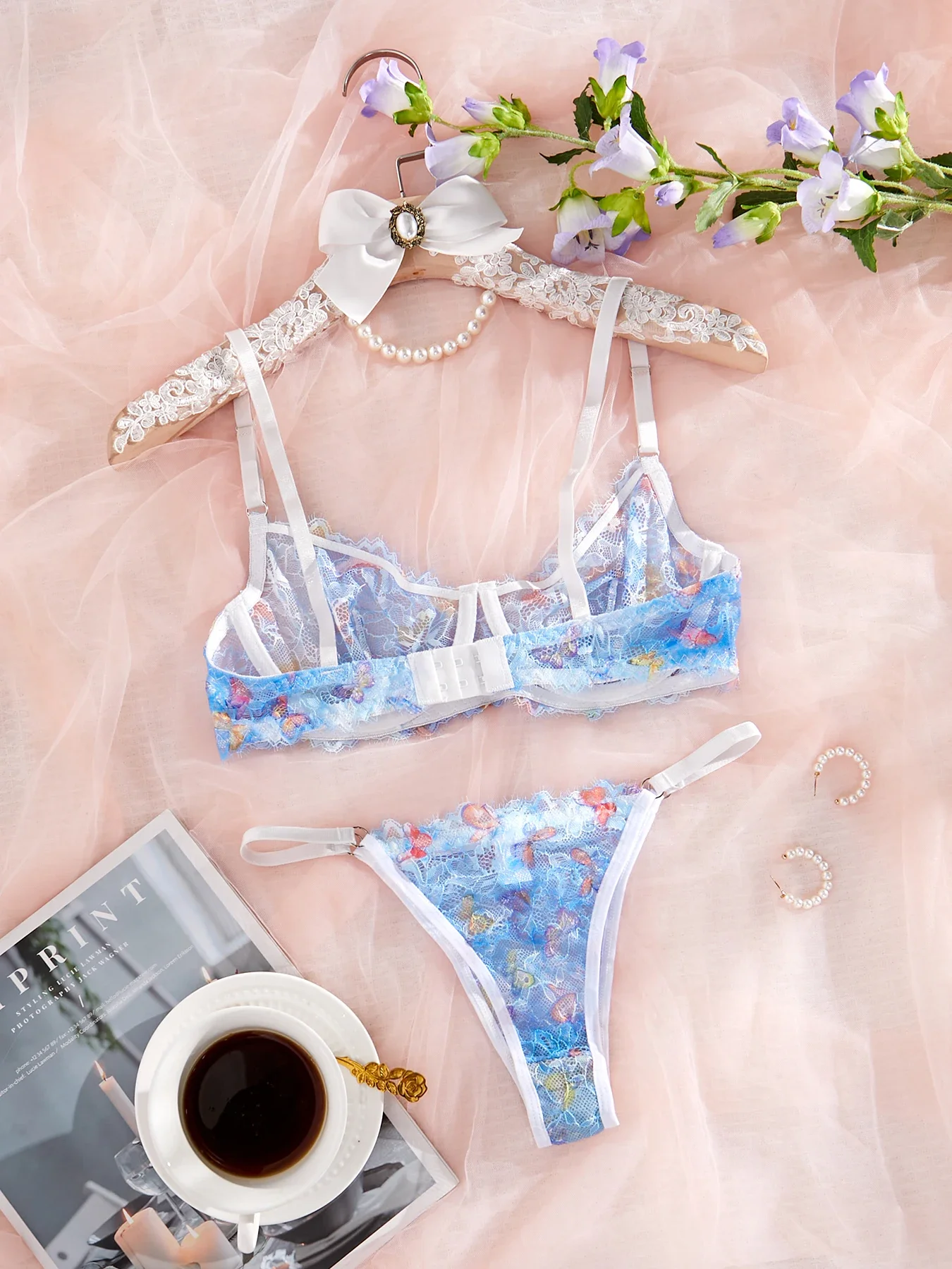 Women's Transparent Blue Butterfly Lace Sexy Lingerie Set Gathered Push Up Bra Daily Comfortable Close Fitting Lingerie set