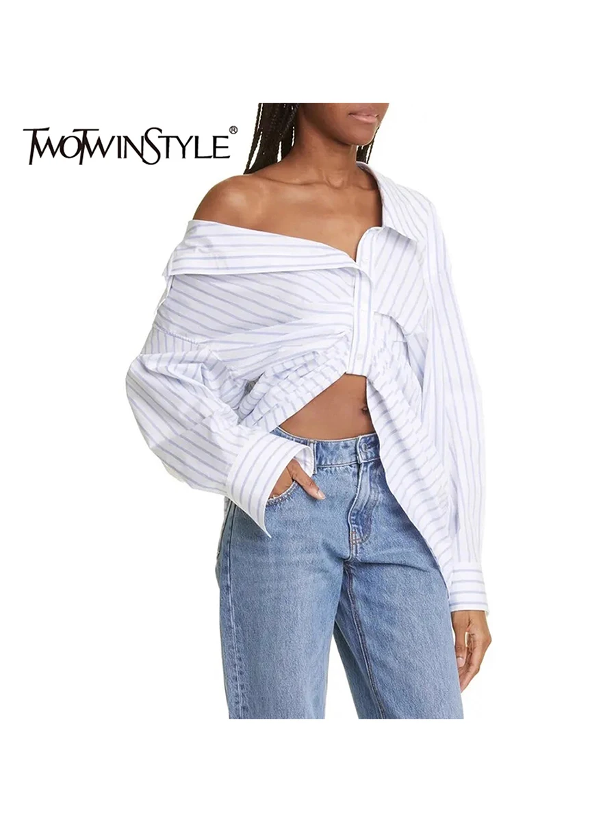 

TWOTWINSTYLE Hit Color Spliced Striped Irregular Dlouses for Women Diagonal Collar Long Sleeves Patchwork Folds Blouse Female