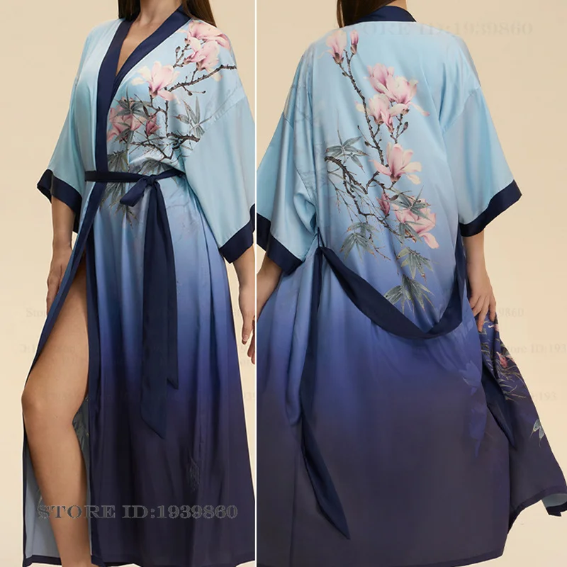 

Print Flower Long Robe for Women Half Sleeve Kimono Bathrobe Gown Chinese Style Silk Satin Sleepwear Home Dress Loose Loungewear