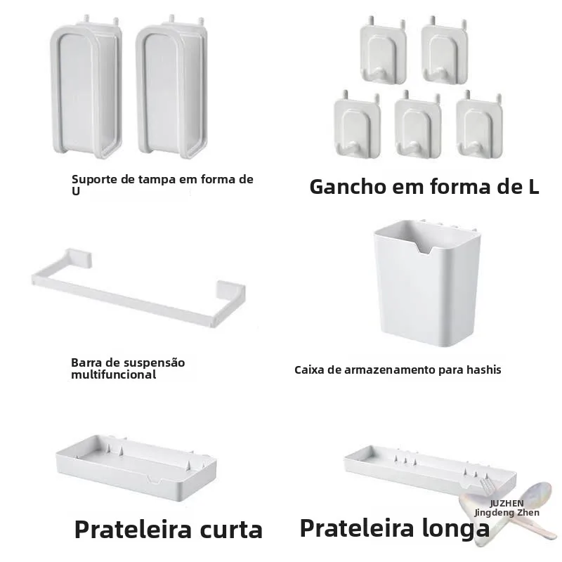 Organizador Multifuncional Suspenso para Cozinha: Suporte para Tampa de Panela, Gancho para Acessórios, Prateleira para Wok e...
