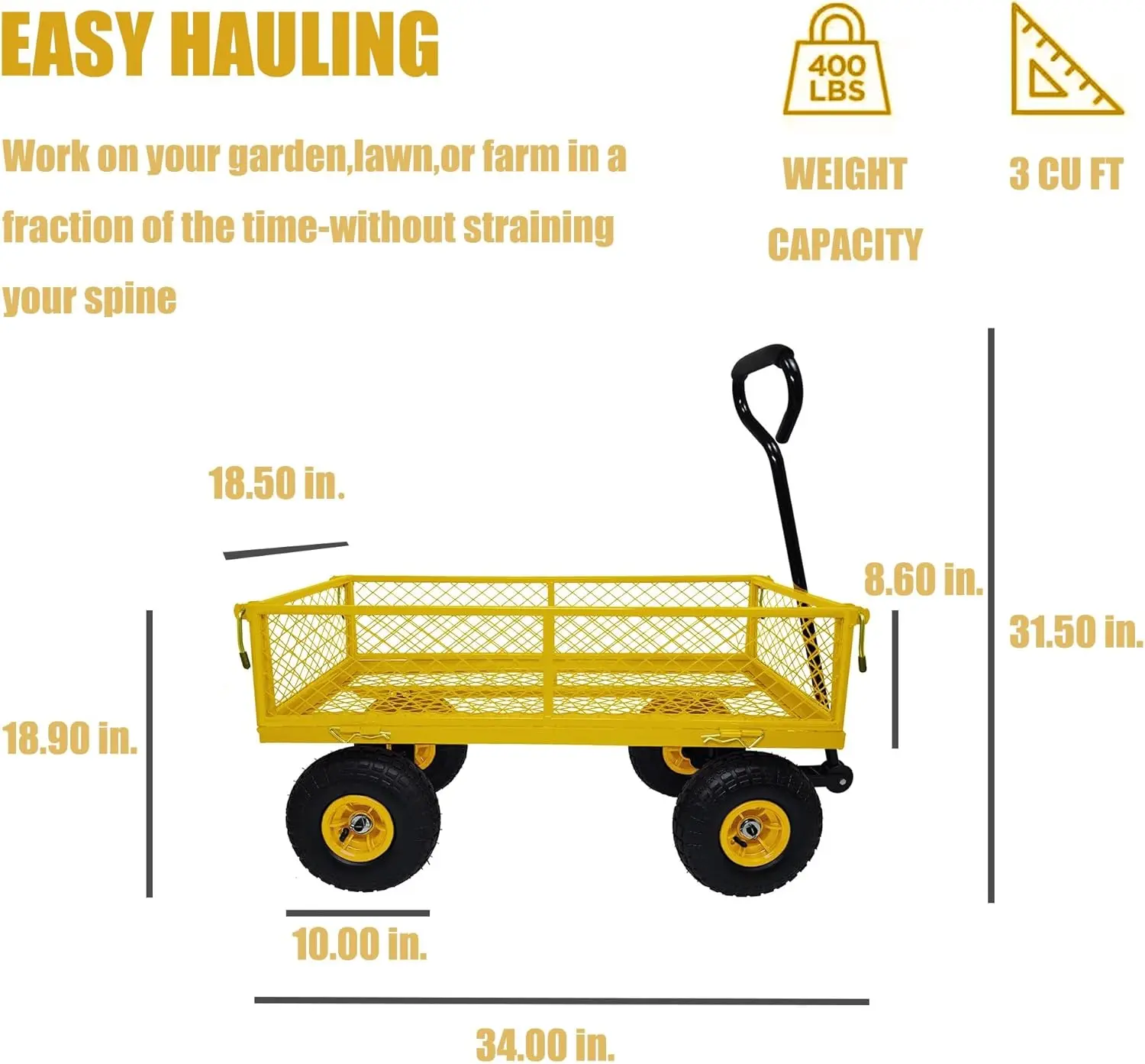 عربة عربة صفراء متعددة الاستخدامات شديدة التحمل، عربة حديقة شبكية فولاذية مع جوانب قابلة للإزالة و180 °   مقبض دوار ناعم، إطارات مقاس 10 بوصة