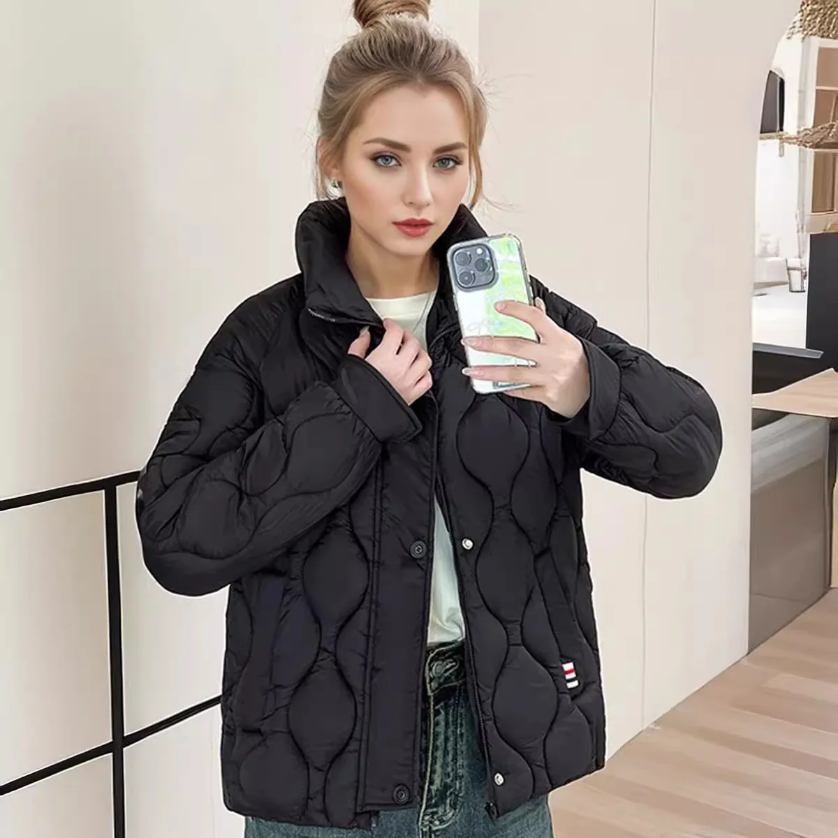 Women\'s Winter Jacket 2024 Female Stand Collar Pure Color Cotton Jacket Women Pure Color Casual Rhombus Demi-season Jackets