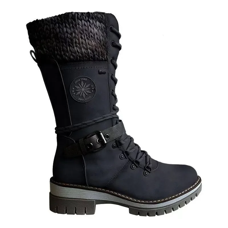 2025 frauen Winter Schnalle Spitze Gestrickte Mid-kalb Stiefel Niedrigen Ferse Runde Kappe Stiefel Top Qualität Winter Warme stiefel Frauen Botas De Mujer – Detail 14