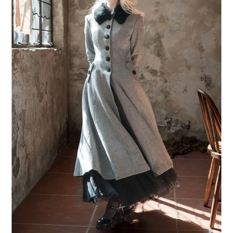 

2025 autumn and winter medium and long Russian-style fur collar spliced jacket retro waist and thin woolen coat