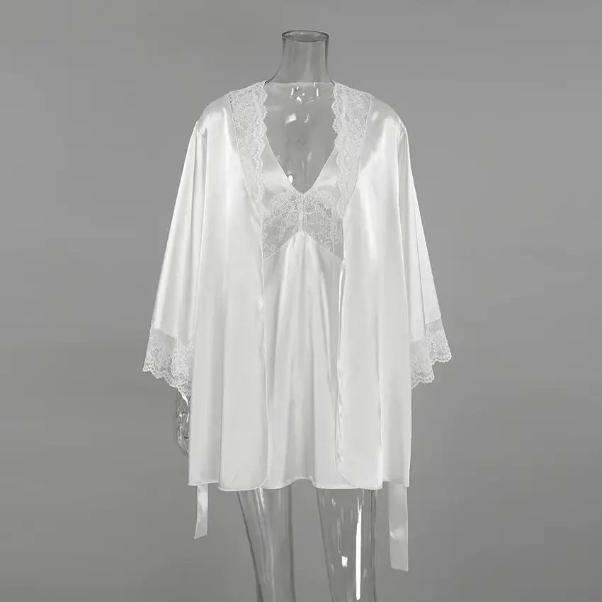 セクシーなレーストリム付きスリップとローブの2ピースセット、ロングスリーブVネックホームウェア、若い女性向け、秋シーズン