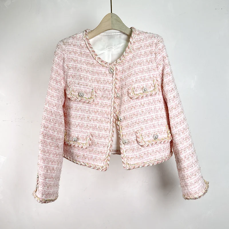 

Spring Gentle Small Fragrance Coat Women French O Neck Long Sleeve Fashion Sweet Pink White High Quality Chic Tweed Short Jacket