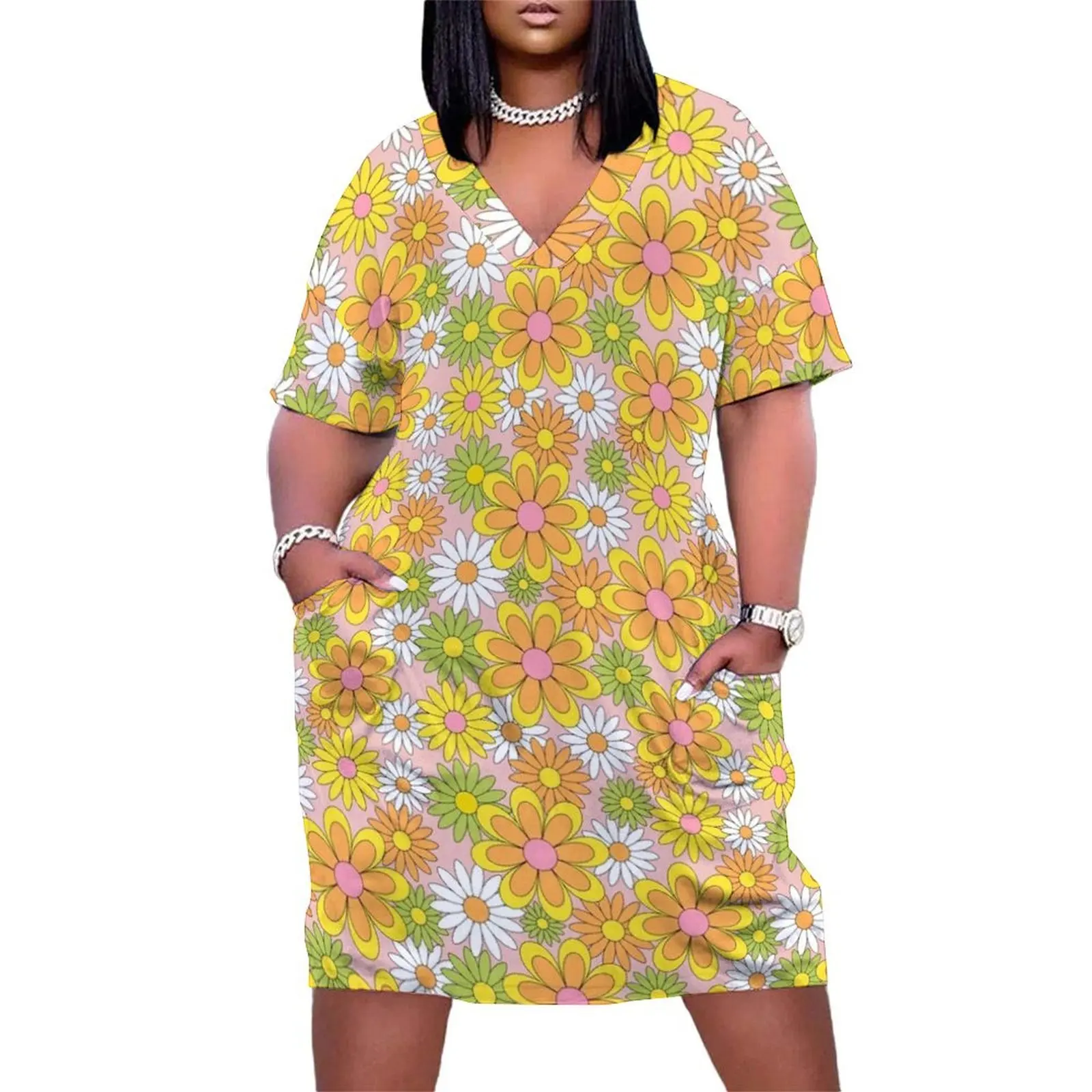 

Vintage 70s Flower Power Orange, Pink & Yellow Retro Daisy Loose Pocket Dress Dress woman clothes cocktail dresses