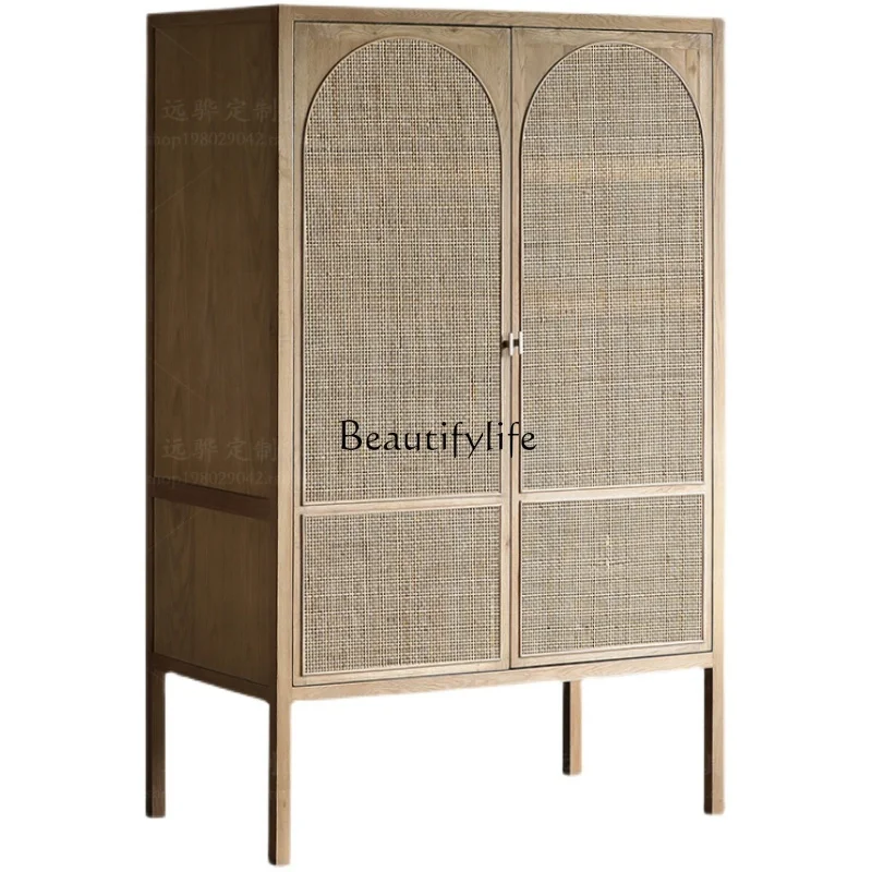 

Nordic simple solid wood storage dining side cabinet Japanese retro handmade rattan art bookcase