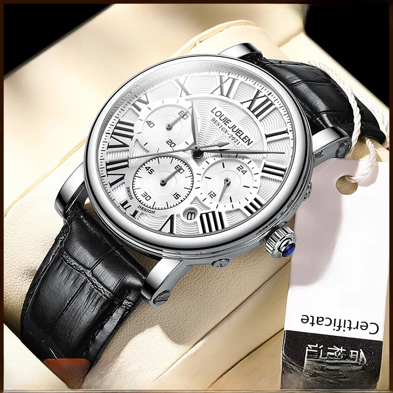 ใหม่ Cross-Border Hot นาฬิกากันน้ํามัลติฟังก์ชั่นนาฬิกาผู้ชาย High-End สายหนังแท้ควอตซ์นาฬิกาผู้ชาย