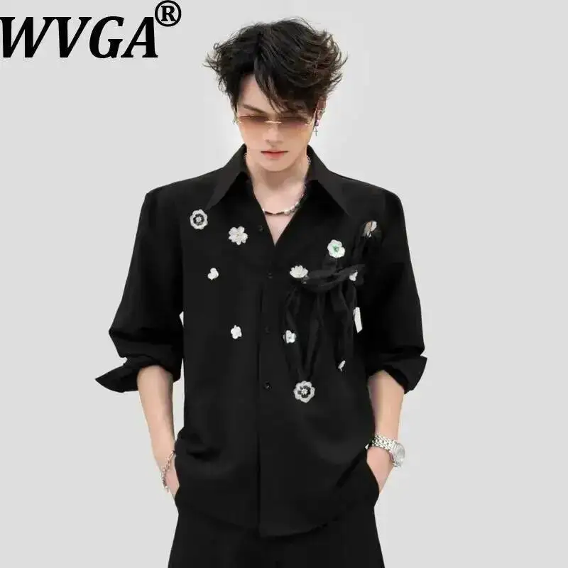 WVGA Spring New Men Niche Design Long Sleeve Shirt Three-Dimensional Floral Embellishments Loose Casual Korean Style Tops W24721